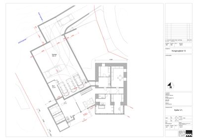 Etasjeplan med romfordeling, mål og garasje