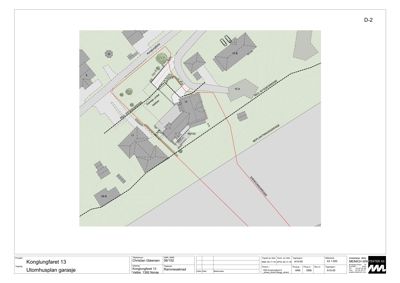 Situasjonsplan som viser bygningens plassering i forhold til nabolag, veier og tomtegrenser.