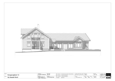 Fasadetegning som viser bygningens utseende sett fra nord.