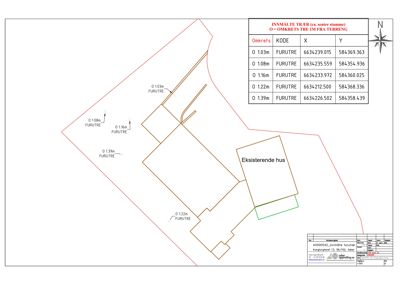 Situasjonsplan som viser eksisterende hus og innmålte trekk (furer) på tomten med koordinater.