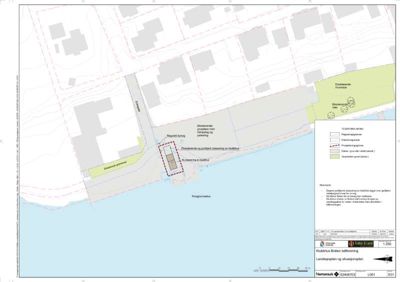 Situasjonsplan som viser eksisterende og planlagt bebyggelse, vegnett, vann og arealbruk i området.