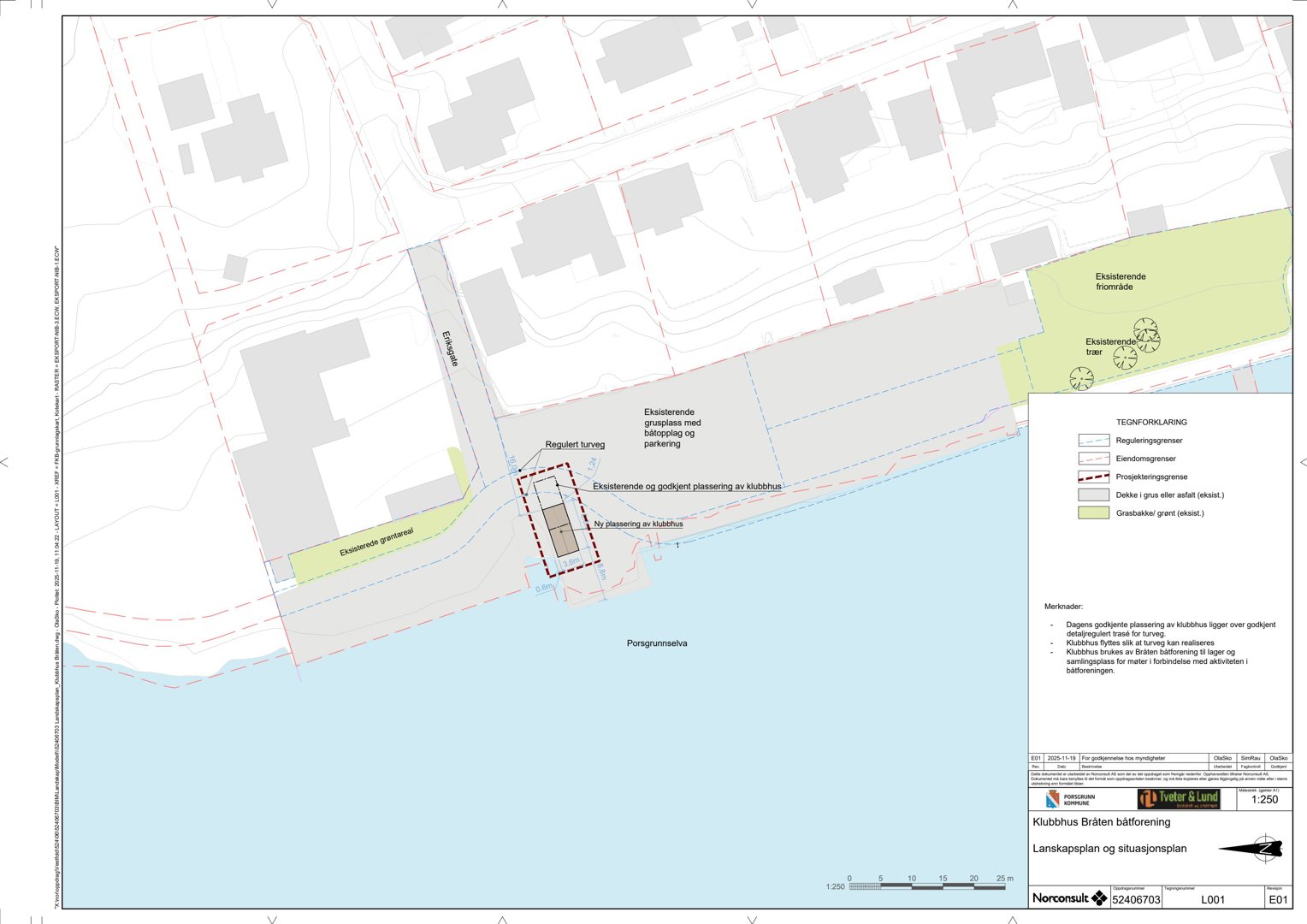 Situasjonsplan som viser eksisterende og planlagt bebyggelse, vegnett, vann og arealbruk i området.