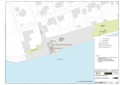 Situasjonsplan som viser eksisterende og planlagt bebyggelse, vegnett, vann og arealbruk i området.