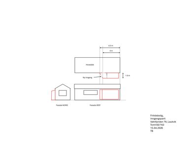 Fasadetegning som viser oppriss av bygningen sett fra nord og vest, med angitte mål og endringer i inngangsparti.