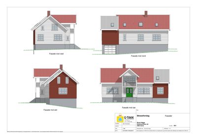 Fasadetegninger som viser bygningens utseende fra fire ulike sider (vest, nord, øst og sør).