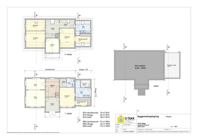 Etasjeplaner for en bygning (1. etasje og 2. etasje) samt kjeller, med romfordeling, arealoppdelinger og oppmålinger.