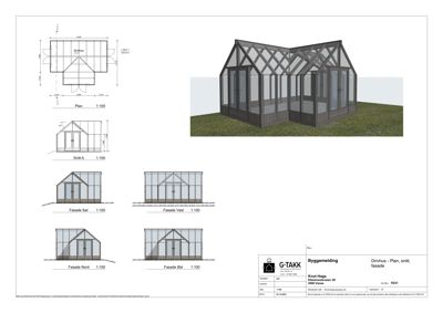 En tegning som viser etasjeplan (Plan), snitt (Snitt A) og fasader for et drivhus.
