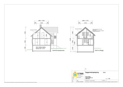 Snittegning (Snitt A-A og Snitt B-B) som viser bygningens tverrsnitt, høyder, romfordeling og konstruksjon.