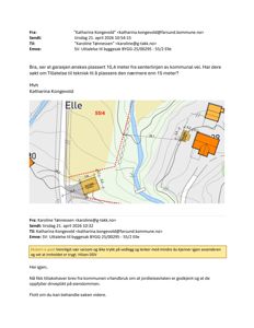 Situasjonsplan som viser tomtens form, topografi (konturlinjer), vannløp, og plassering av eksisterende og planlagt bygninger i forhold til kommunal vei og eiendomsgranser.