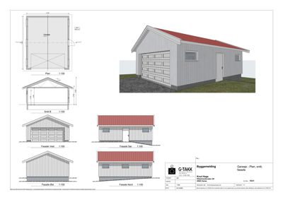 En tegning som viser fasadetegninger (opprikk) av en garasje sett fra fire ulike sider, samt et 3D-utsnitt.