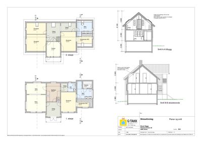 Bildet viser etasjeplaner (1. og 2. etasje) samt snittegninger for en bygning.