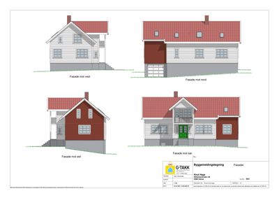 Fasadetegning som viser bygningens utseende fra fire ulike sider (vest, nord, øst og sør).