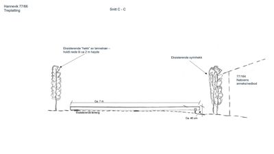 Snittegning (Snitt C-C) som viser terrengforhold, eksisterende terreng, hekker og nabobebyggelse.