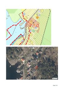 Bildet viser en situasjonsplan (øverst) og et flyfoto (nederst) av et område ved kysten, med markerte eiendommer og en sirkel rundt et spesifikt punkt.