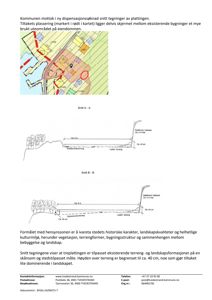Bildet viser to snittegninger (Snitt A-A og Snitt B-B) som illustrerer bygningens høyde i forhold til eksisterende og justert terreng, samt plassering av beplantning.