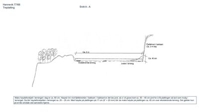 Snittegning (Snitt A-A) som viser høydeforskylling, terrengjustering og plattingshøyde i forhold til eksisterende terreng og fjellskrent.