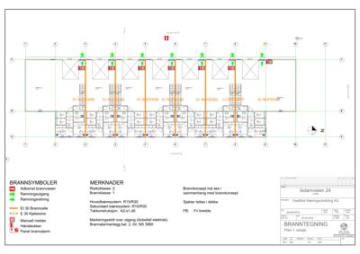 Etasjeplan (1. etasje) med brannsikkerhetsutforming, brannveier, brannceller og brannkonsept.