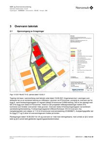 Situasjonsplan som viser tomtens form, bygningers plassering (grønn, gul, oransje), samt overlappende vann- og avløpsledninger (grå linjer).