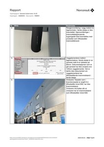 Fotografier av en bygning (fasade) og en detalj av en vegg (rørgjennomføring), inkludert en tabell med tekniske data om veggtykkelse.