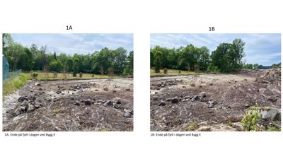 Fotografier av et utgravd byggeområde (1A og 1B) med stein og jord, sannsynligvis før eller under byggestart.