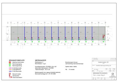 Etasjeplan (1. etasje) med brannkonsept, inkludert plassering av brannvesen, ramningsutgang, brannslukking, brannceller og brannalarmanlegg.