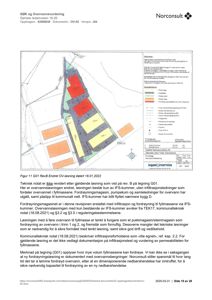 Situasjonsplan som viser tomtens form, grenser, eksisterende og planlagt bebyggelse (røde og gule områder), samt infrastruktur som veier og vannløp.
