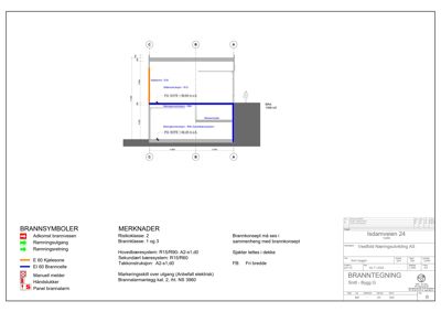 Snittegning (snitt A-A) som viser bygningens konstruksjon, høyder, brannkonsept og materialer.