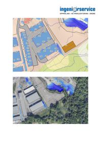 Bildet viser en situasjonsplan (øvre del) med tomtegrenser, høydemålerlinjer og et dronefotografi (nedre del) som viser bygningene i terrenget.