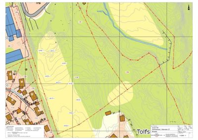 Situasjonsplan (B-situasjon) som viser topografi, eksisterende bebyggelse, planlagte inngrep og arealbruk for et prosjekt ved Holmestad, Våleveien 27.