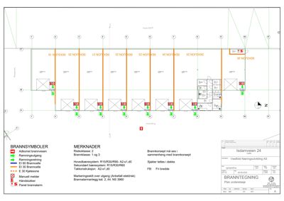 Branntegning (Plan underetasje) med brannsymboler, merknader om risiko og konstruksjon, samt brannkonsept.