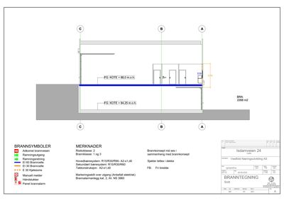Snittegning (snitt A-A) som viser brannkonsept, brannvegger, brannceller og høydemål for FG (Første Grunn) i bygningen.