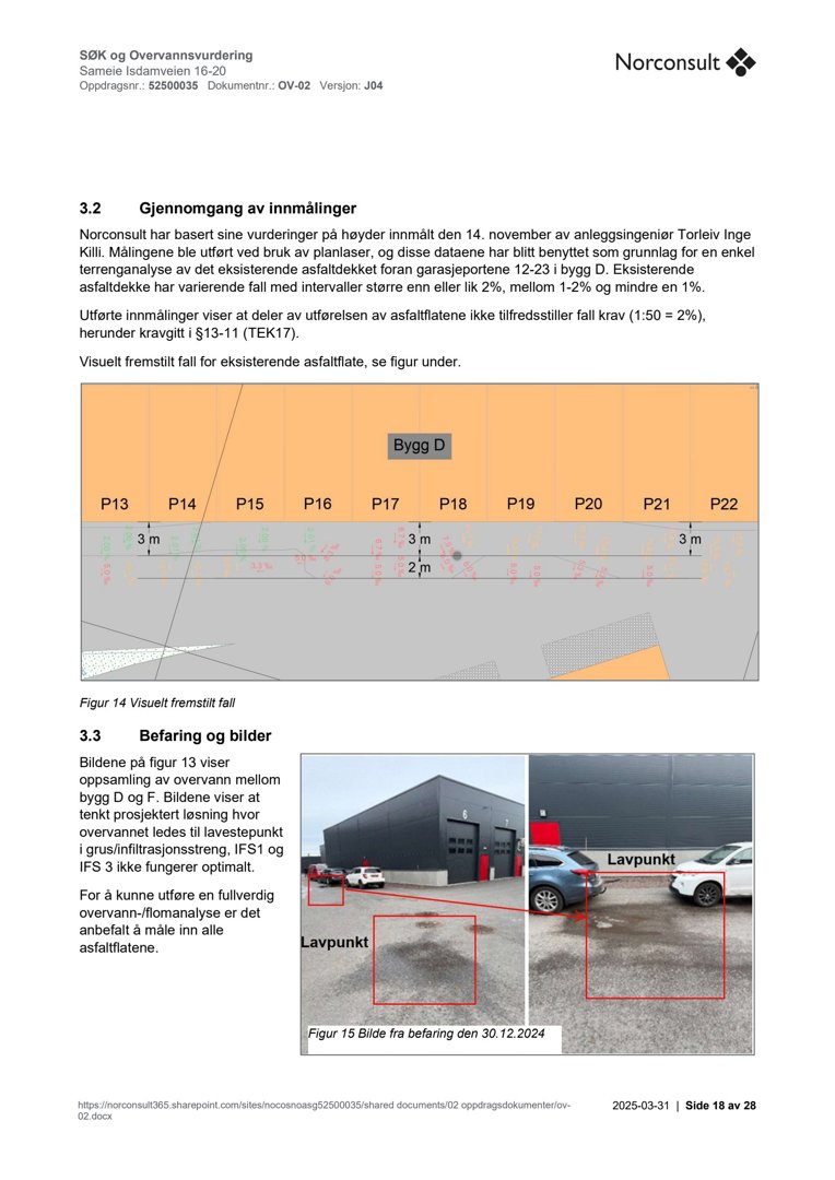 Fotografier av en bygning (garasje) og asfaltflater med markerte lavpunkter for overvannsundersøkelse.