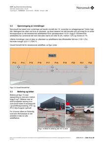 Fotografier av en bygning (garasje) og asfaltflater med markerte lavpunkter for overvannsundersøkelse.