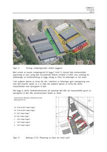 Et fotografi av et bygganlegg med overlagte tegninger som viser innkjøringsnivåer (grønn) og fjellområder (gult/rødt).