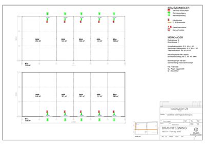 Brannplan med romfordeling, brannsymboler og merknader for Isdamveien 24.