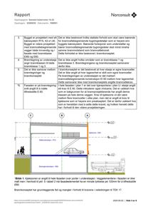 Fasadetegning som viser et snitt gjennom bygningens fasade, inkludert konstruksjonslag (stålkonstruksjon, betongkonstruksjon), vinduer, dører og en bilparkering. Tegningen er merket med 'Kjølesone - E60' og viser høydemål.