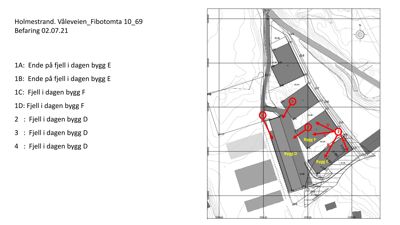 Situasjonsplan med topografiske linjer, bygningsfotavmerking og annotasjoner om fjell i dagen for ulike bygninger.