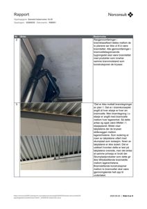 Fotografier av rørleggenomføringer og takkonstruksjon i en bygning, inkludert detaljer om isolasjon og kryssinger mellom etasjer.