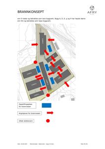 Situasjonsplan som viser plassering av flere bygninger (Lager A-H) på et tomt, med angitte brannvesen-tiltak som oppstillingsplasser, angrepsveier og uttak for slokkevann.