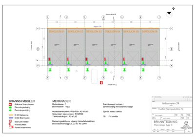 Brannkonsepttegning (risikoklasse, bæresystem, takkonstruksjon) for etasjeplan.