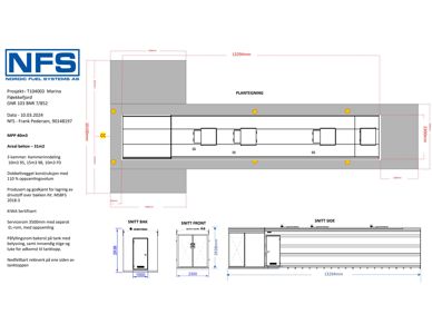 En tegning som viser den generelle formen og dimensjonene til en bygning eller anlegg (MPP 40m3), inkludert snittegninger for inngangsporter.