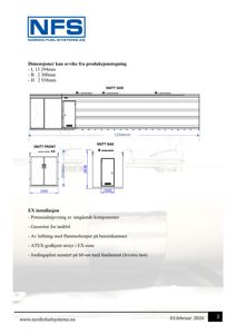 Teknisk tegning som viser snittegninger (SNITT SIDE, SNITT FRONT, SNITT BAK) og dimensjoner for en bensinkammer/tankbil.