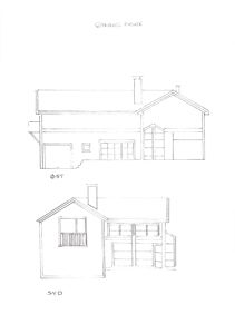 Tegning som viser fasadeoppsettet for en bygning sett fra to ulike vinkler (vest og syd).