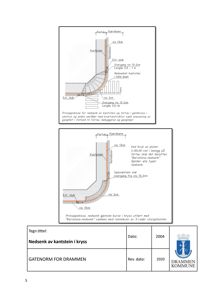 Teknisk tegning som viser prinsippskisse for nedsenkning av kantstein og fortau i galekryss, inkludert mål og materialbeskrivelse.