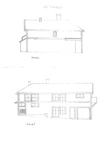 Håndtegning av to fasader av en bygning, merket 'NY FASADE', 'NORD' og 'VEST'.