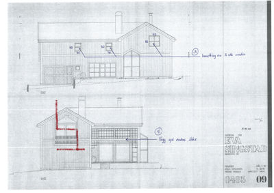 Bildet viser to fasadetegninger av en bygning sett fra øst og syd, med håndskrevne notater om endringer.