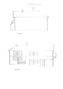 En håndtegning som viser fasadene på en bygning, merket 'GAMMEL FASADE', 'NORD' og 'VEST'.