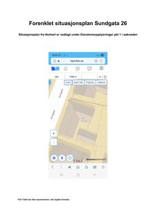 Bildet viser en forenklet situasjonsplan for eiendommen Sundgata 26, presentert som en skjermbilde fra en karttjeneste (kart.finn.no).