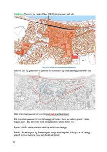 Kart som viser et byområde med overlagte linjer som illustrerer grenser for veg- og gatenorm, samt krav til fortau og kantstein.