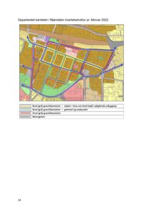 Kart som viser opparbeidet kantstein i Mjøndalen kvartalsstruktur, med en nøkkel som forklarer fargene og linjestilene.